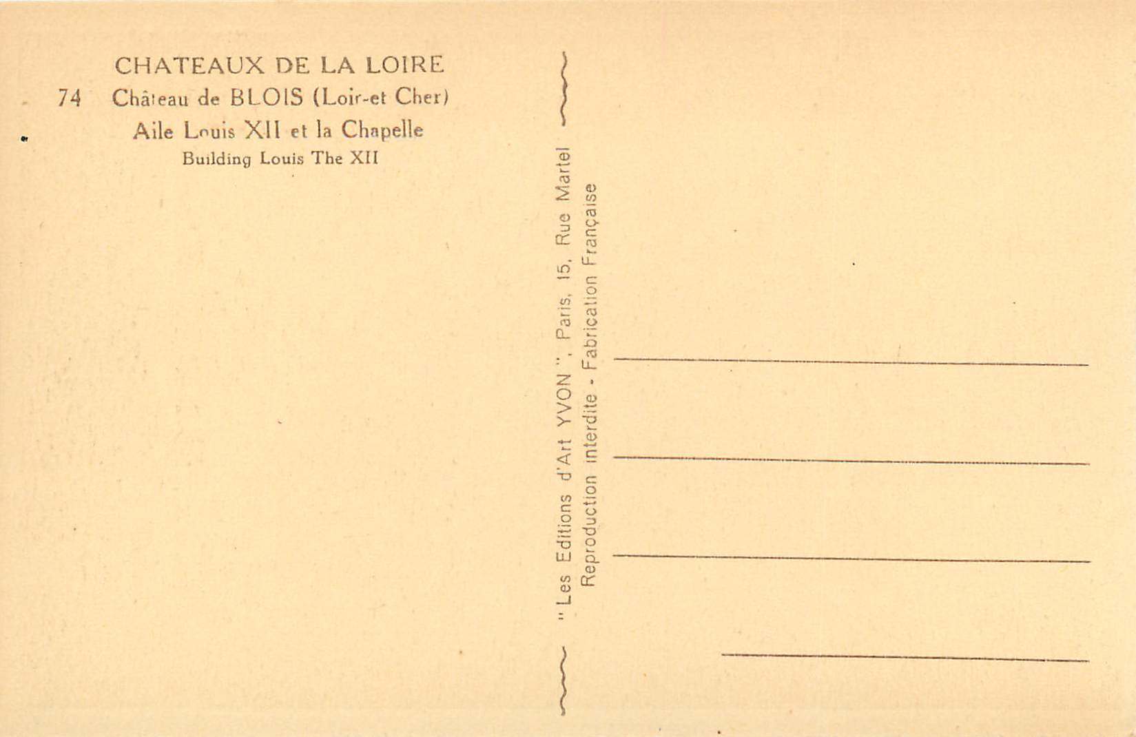 Château de Blois — Aile Louis XII et la chapelle — Éditions YVON — Verso