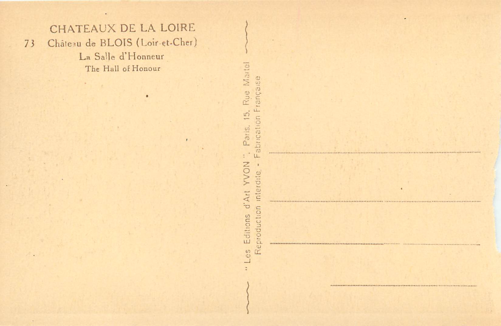 Château de Blois — La Salle d'Honneur — Éditions d'Art Yvon — Rückseite