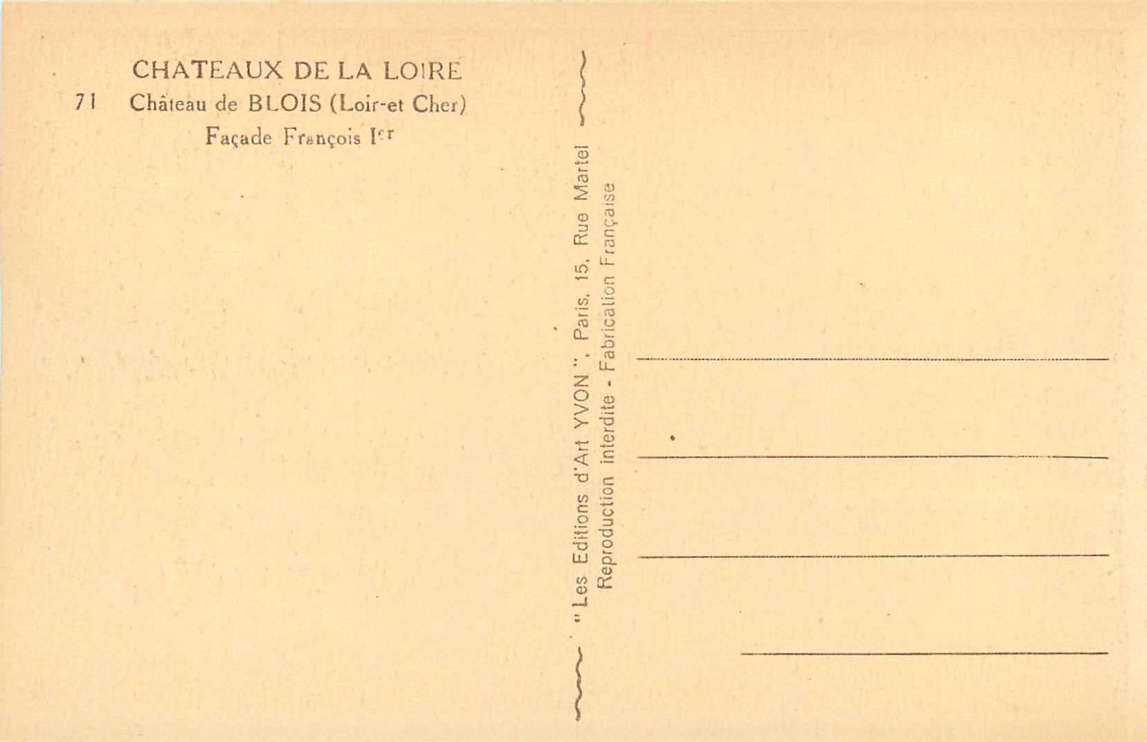 Château de Blois — Façade François Ier — Éditions d'Art Yvon, Paris — Verso