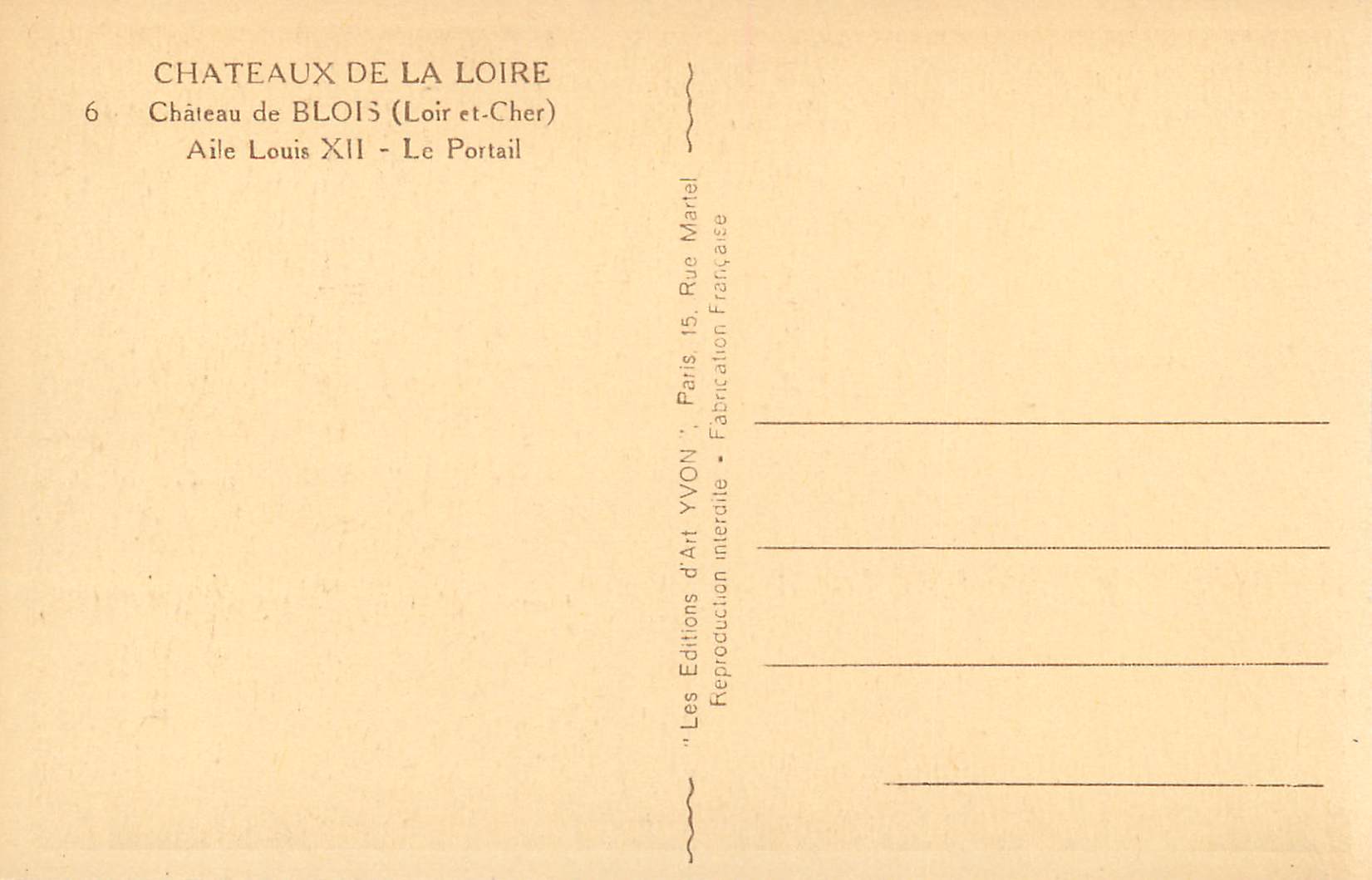 Château de Blois — Aile Louis XII — Le Portail — Éditions d'Art Yvon — Verso