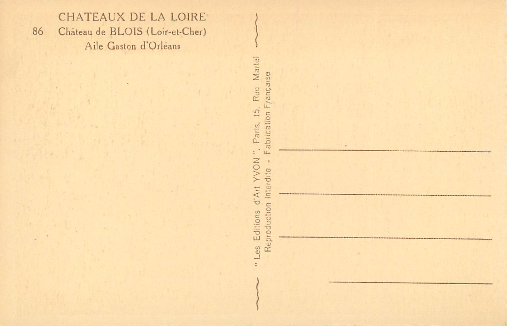 Château de Blois — Aile Gaston d'Orléans — Éditions YVON — Verso