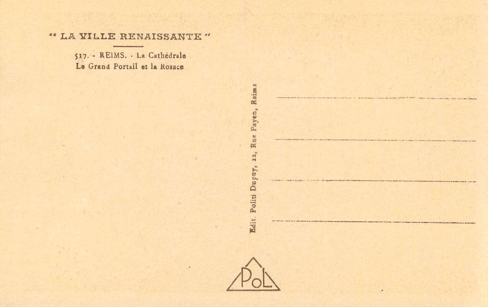 CPA La Ville Renaissante Reims La Cathedrale Le Grand Portail et la Rosace — Verso