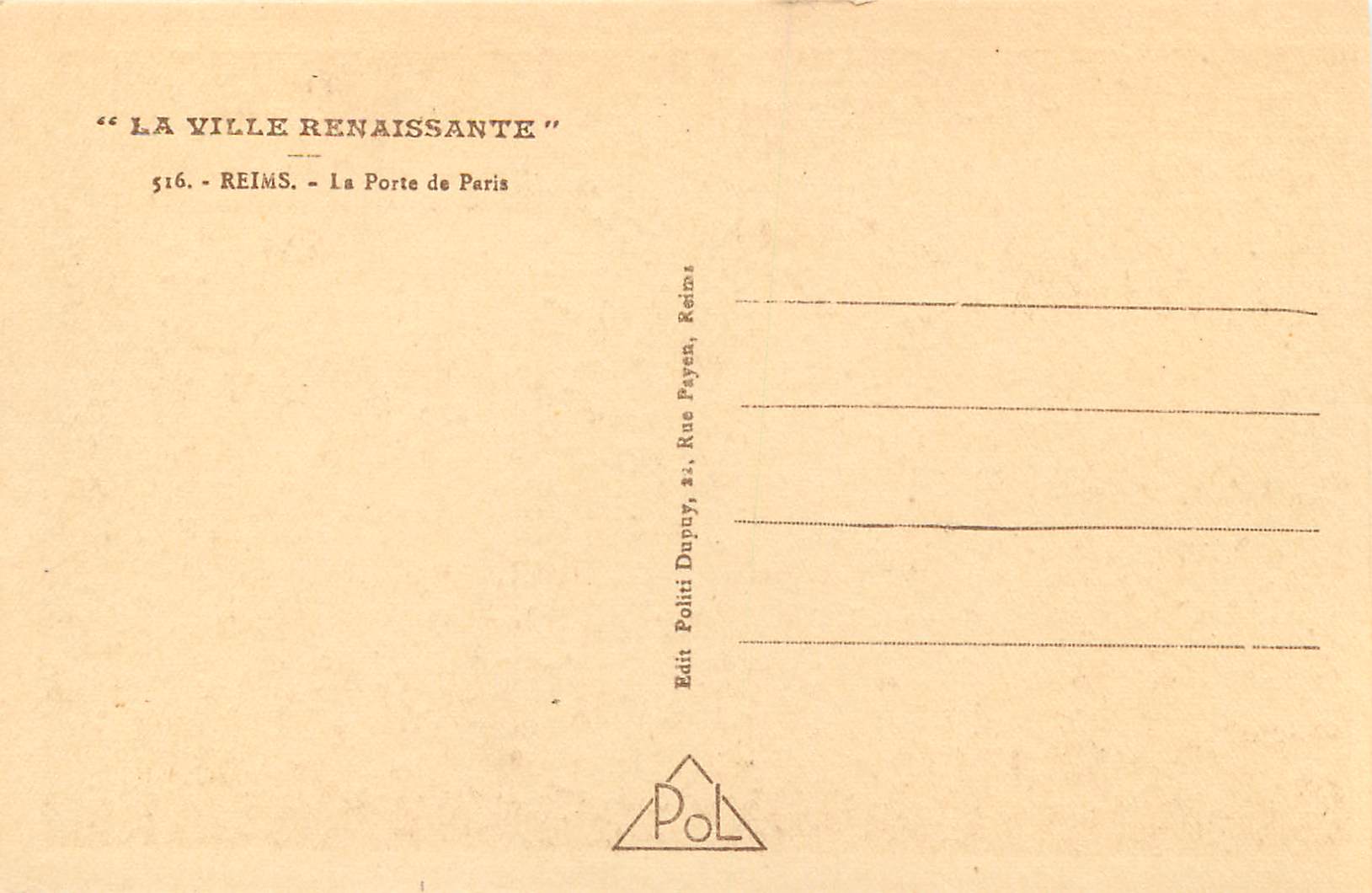 CPA La Ville Renaissante Reims Porte de Paris — Verso