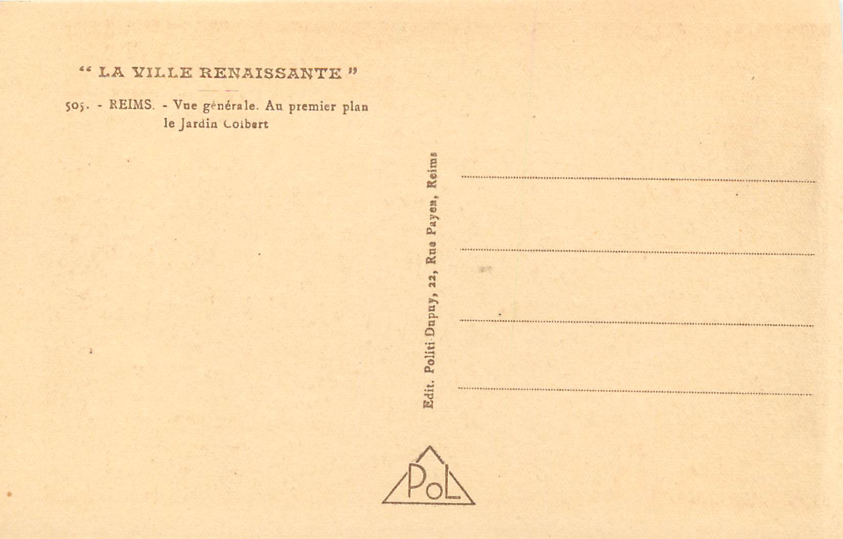 CPA La Ville Renaissante Reims Vue Generale Au Premier Plan Le Jardin Colbert — Verso