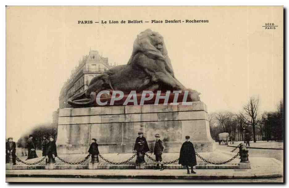 Paris(14)-Enfants- Le Lion de Belfort-Oeuvre de Bartholdi-Place Denfert-Rochereau-The Lion of Belfort-CPA