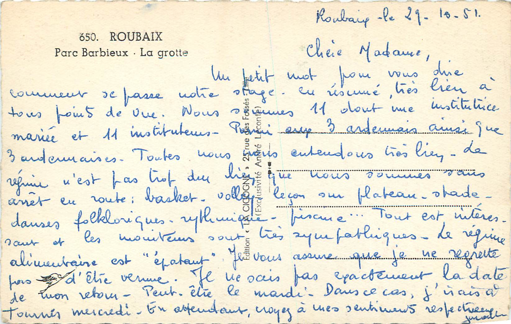CPM la Cigogne Roubaix Parc Barbieux la Grotte — Rückseite
