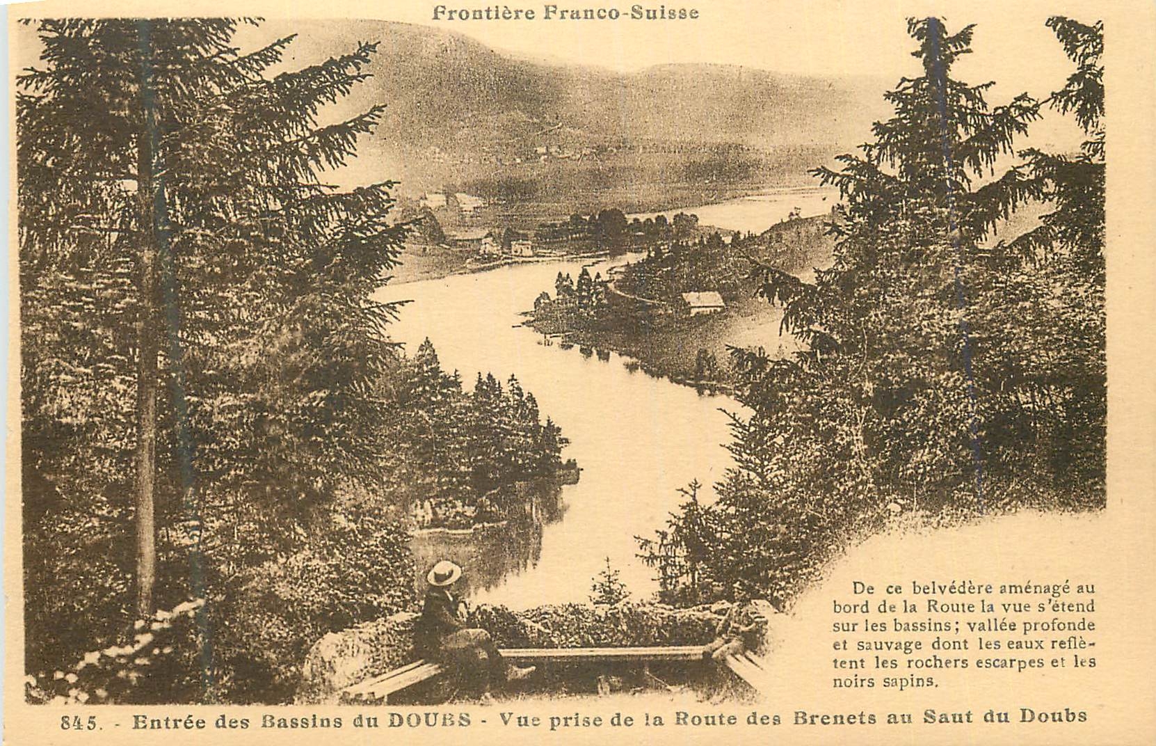 Entrée des Bassins du Doubs — Vue prise de la Route des Brenets — Frontière Franco-Suisse — Éditions C. L. B. Besançon, n° 845