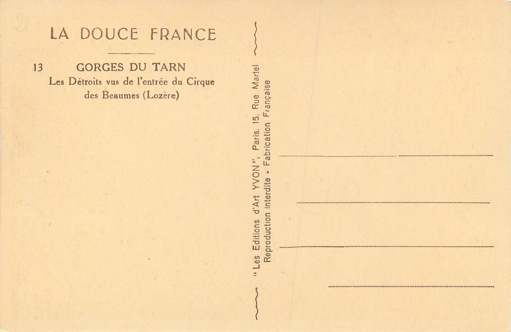 Gorges du Tarn — Les Détroits vus de l'entrée du Cirque des Beaumes (Lozère) — Éditions d'Art YVON, Paris — Verso