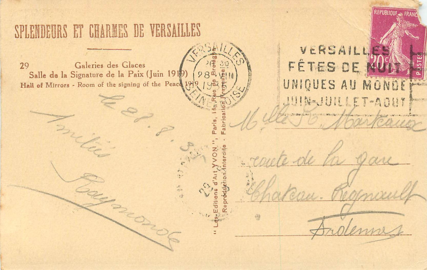 CPA Splendeurs et charmes de Versailles Galerie des Glaces Salle de la Signature de la Paix (Juin 1919) — Rückseite