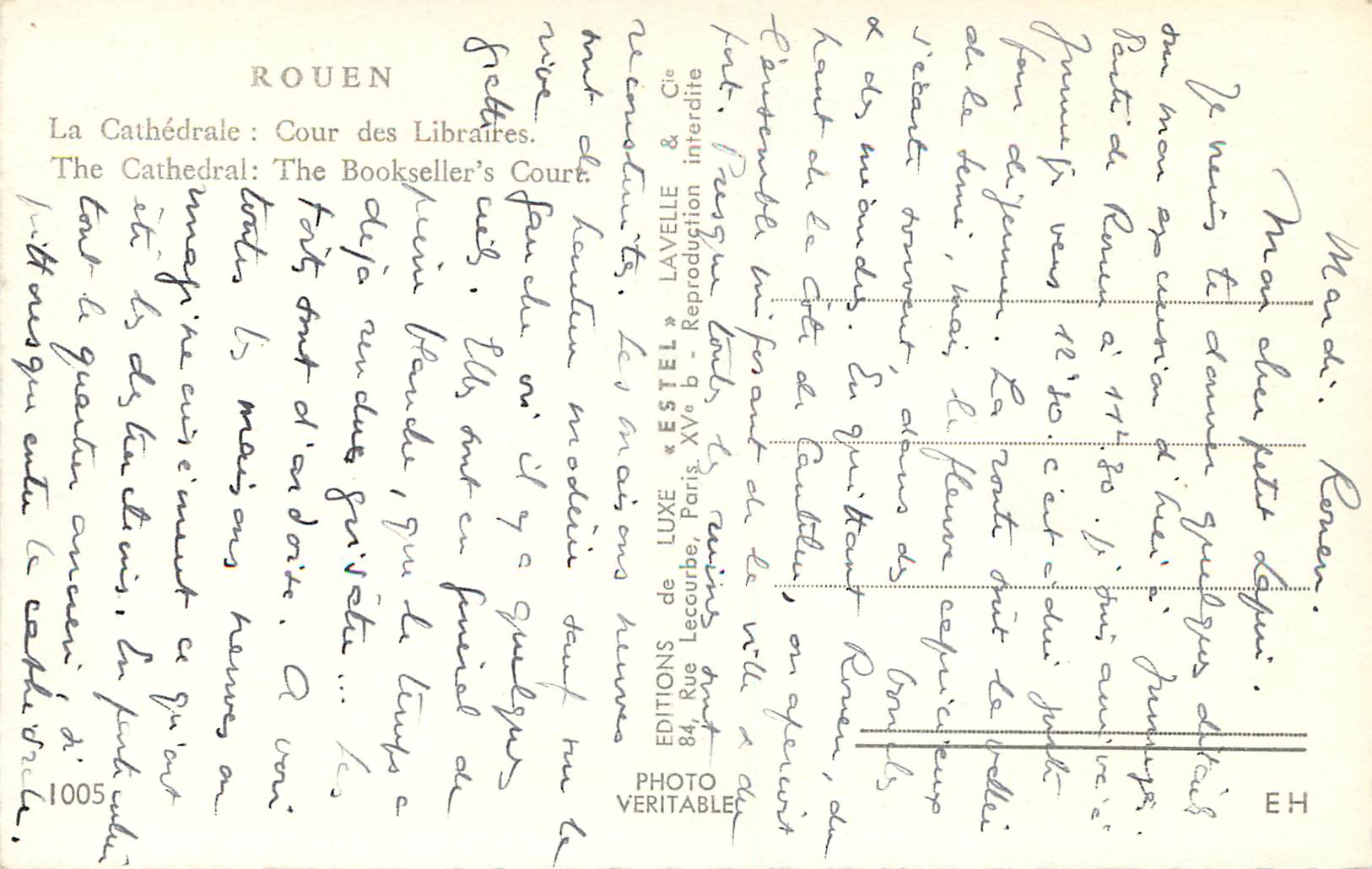 CPM Rouen la Cathedrale Cour des Librairies — Verso