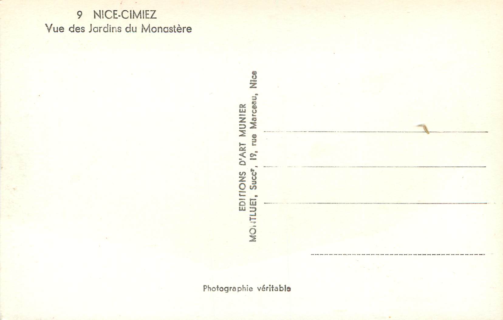 CPM Nice Cimiez Vue des Jardins du Monastere — Rückseite