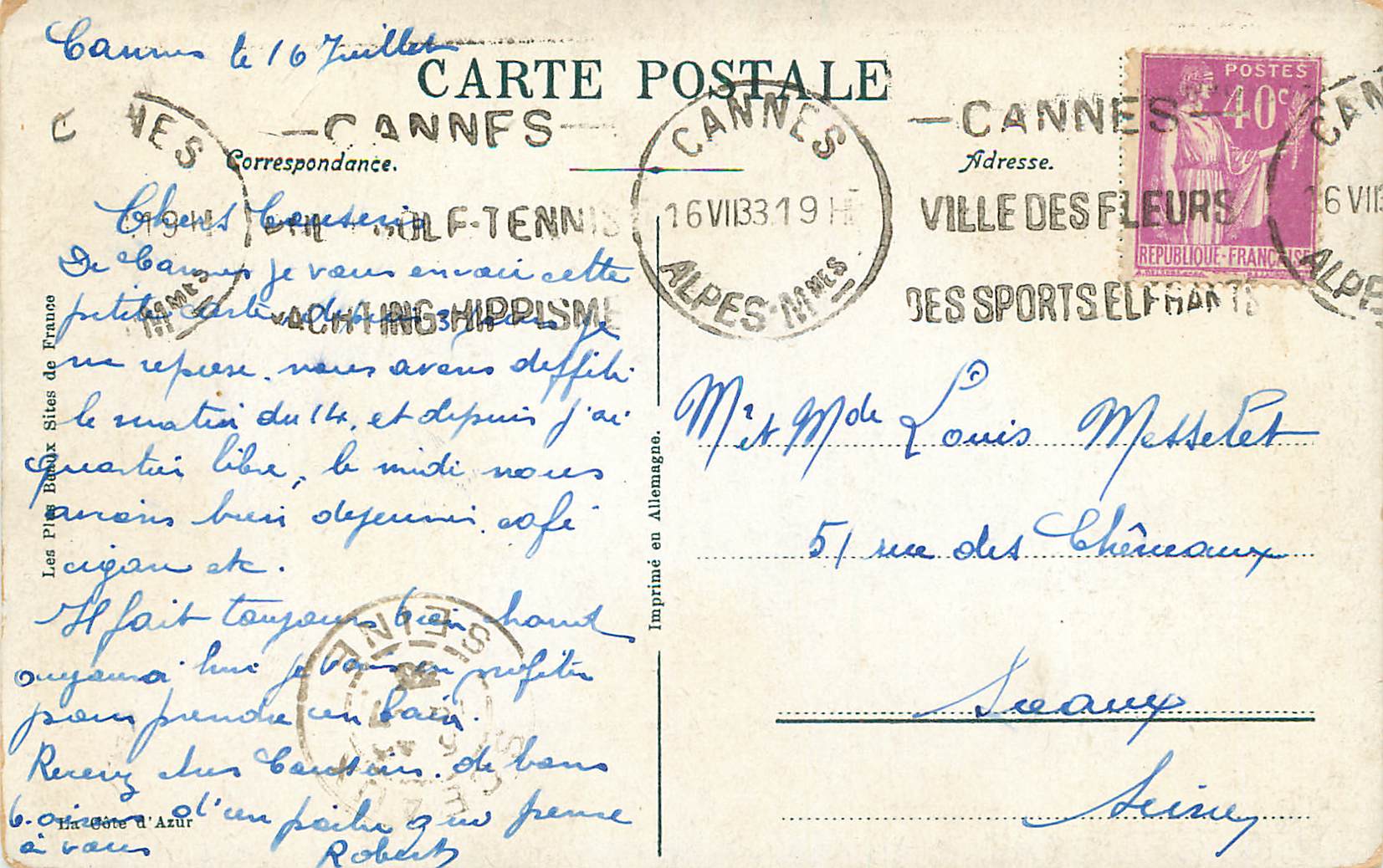 CPA Cannes la Plage et les Hotels — Verso