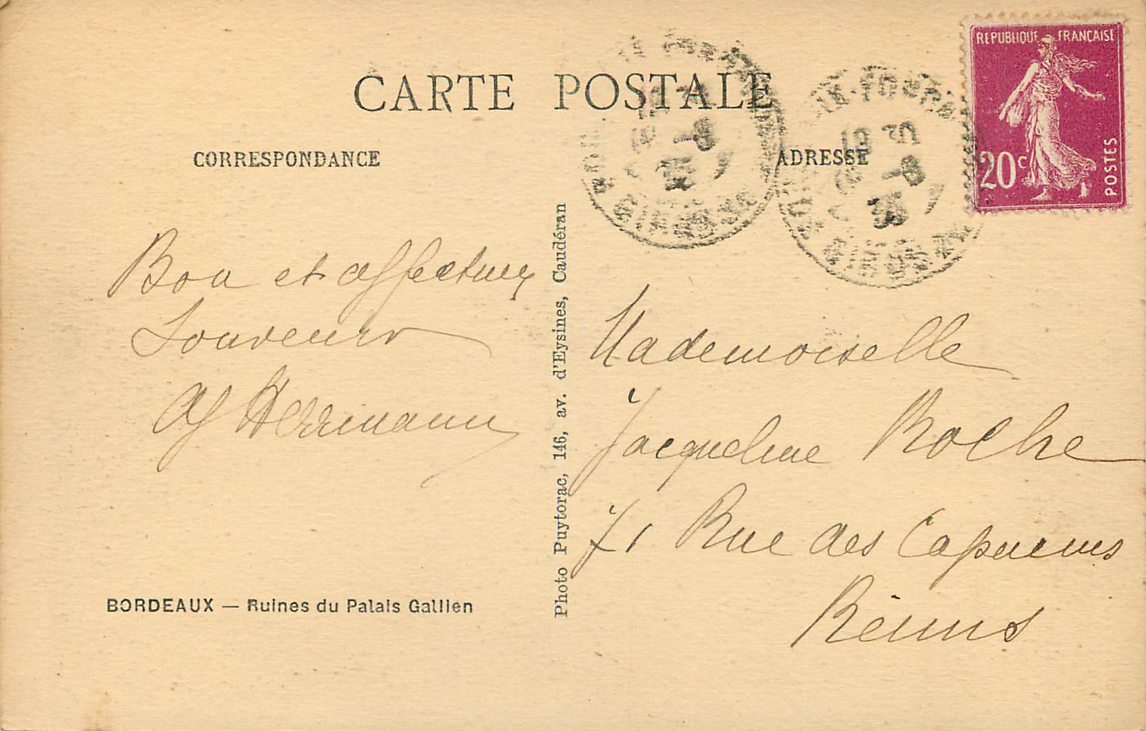 CPA Bordeaux Ruines du Palais Gallien — Verso