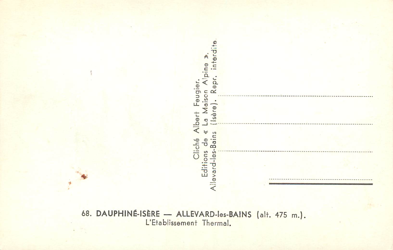 Allevard-les-Bains — L'Établissement Thermal — Éditions « La Maison Alpine » — Rückseite