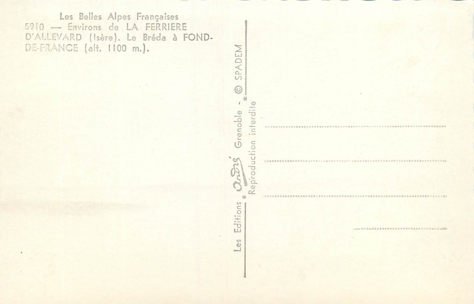 Les Belles Alpes Françaises — Environ de La Ferrière, Le Bréda à Fond-de-France (alt. 1100 m.) — Éditions SPADEM — Verso