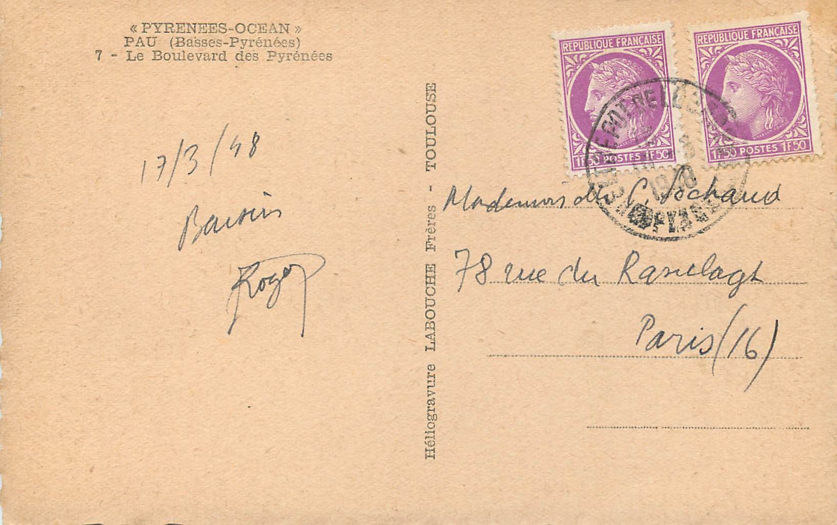CPA Pyrenees Ocean Pau (Basses Pyrenees) le Boulevard des Pyrenees — Verso