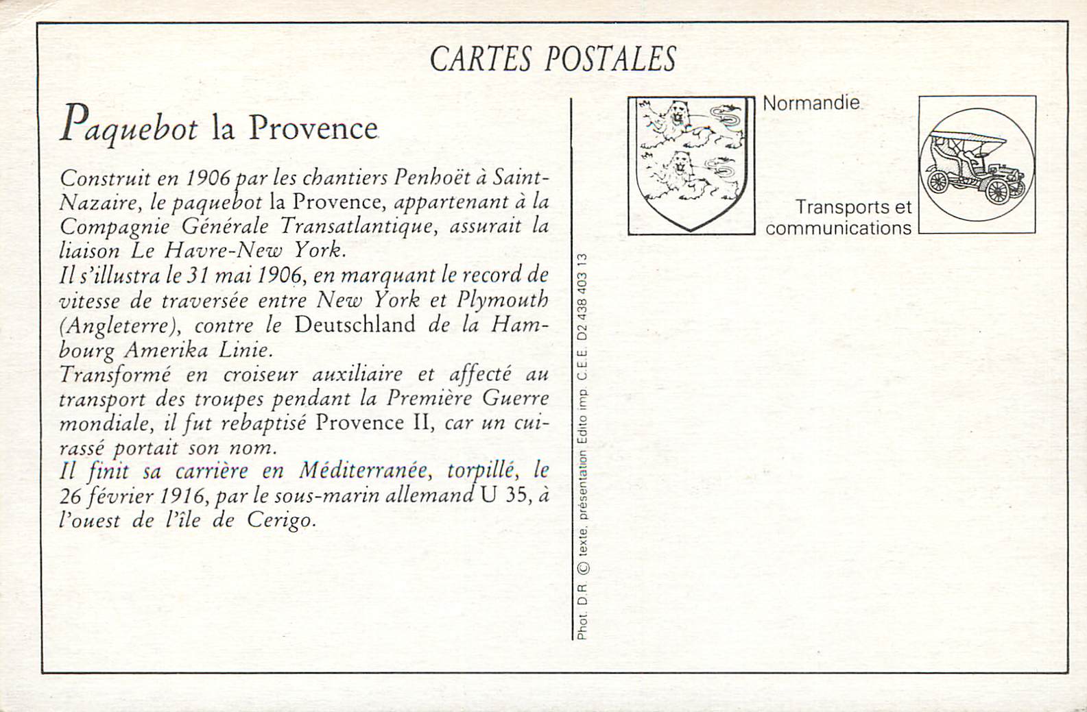 REPRO Nos Paquebots Transatlantiques la Provence — Verso