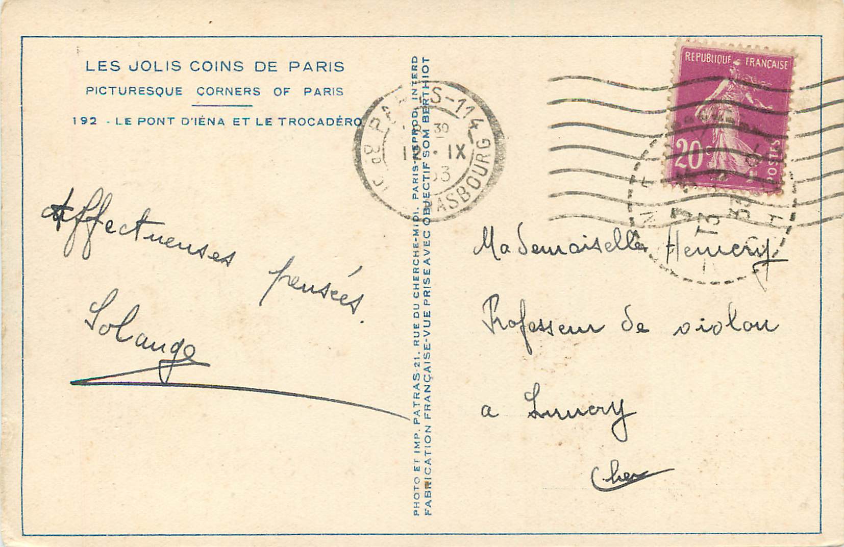 CPA les Jolis Coins de Paris le Pont d'Iena et le Trocadero — Rückseite