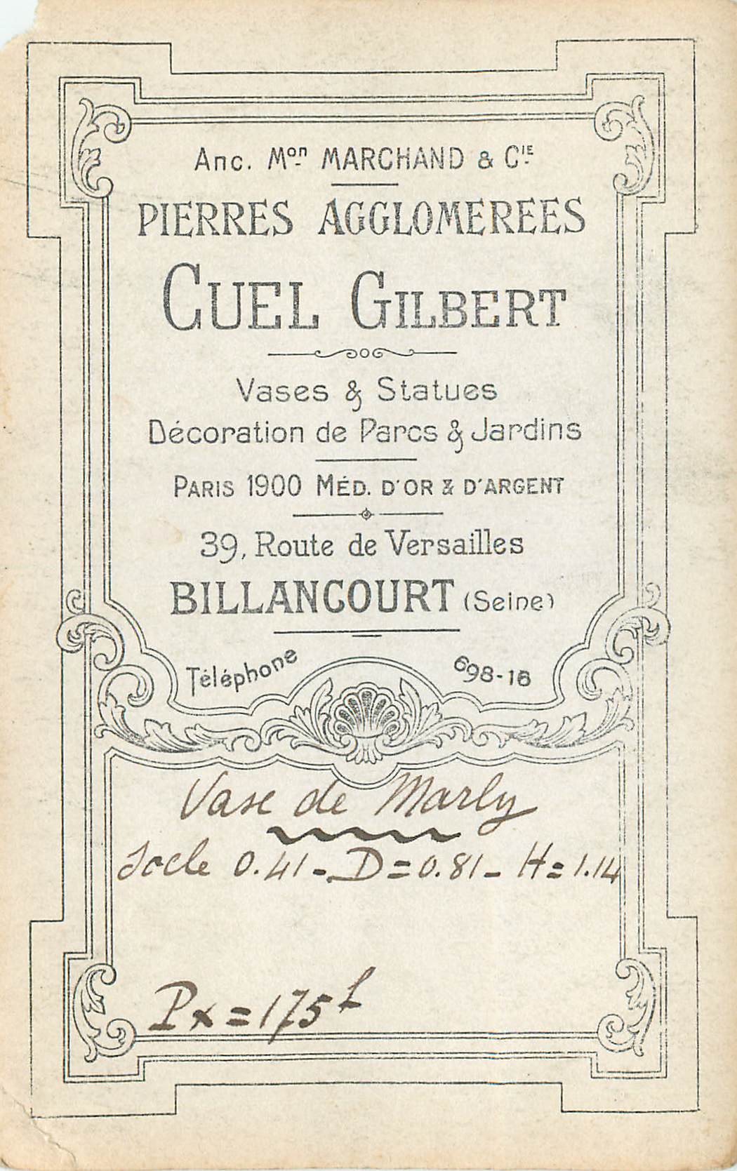 CPA Vase Publciite Pierres Agglomerees Cuel Gilbert Vases Statues Decoration de Parcs Jardins Paris 1900 Med d'or d'Arge — Rückseite