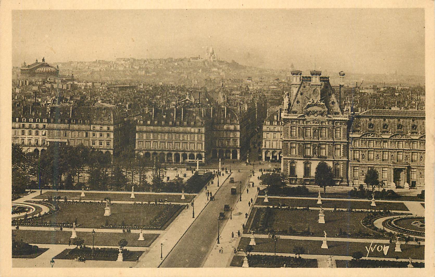 CPA Paris en Flanant Perspective sur les Jardins des Tuileries la Butte Montmartre et le Sacre Coeur