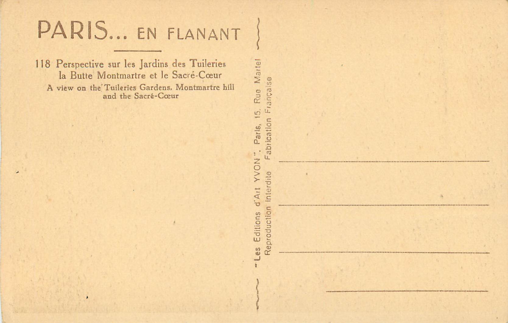 CPA Paris en Flanant Perspective sur les Jardins des Tuileries la Butte Montmartre et le Sacre Coeur — Rückseite