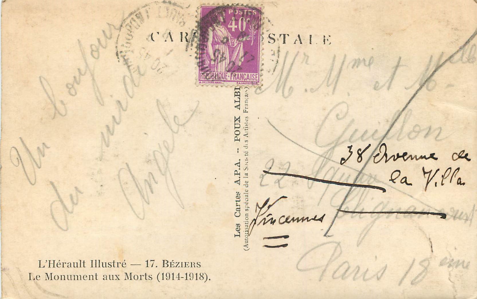 CPA L'Herault Illustre 17 Beziers Le Monument aux Morts (1914 1918) — Verso