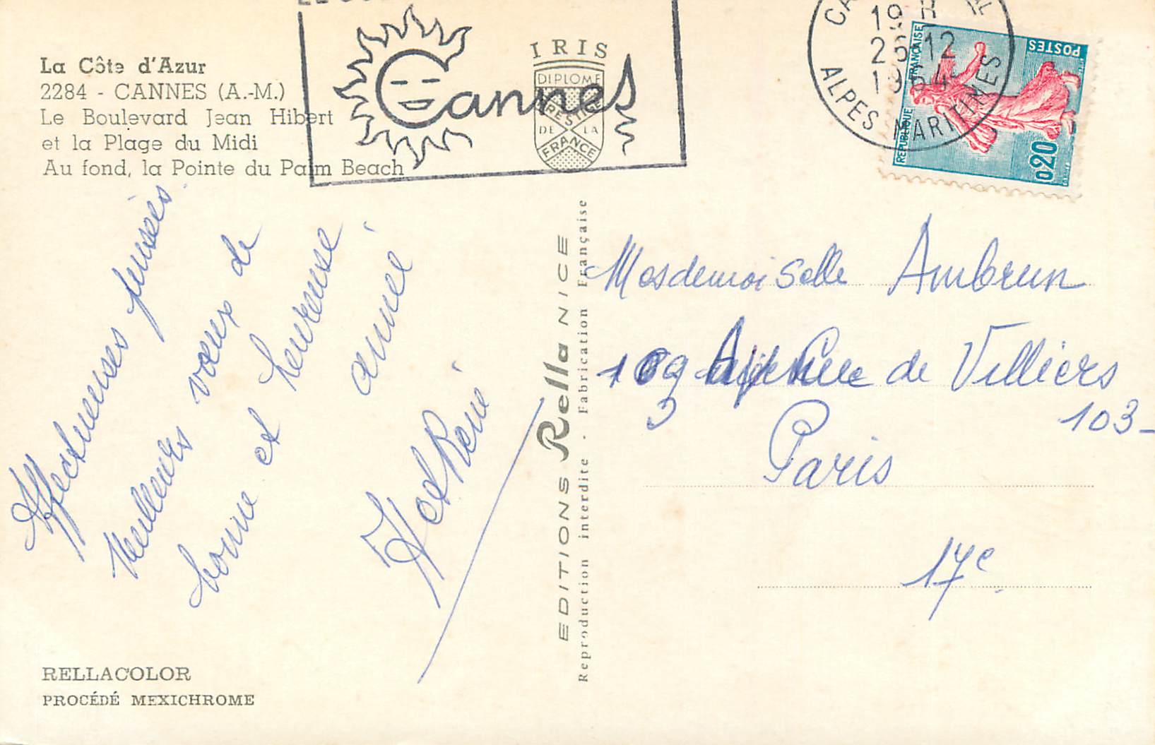 CPM La Cote d'Azur Cannes (A M) Le Boulevard Jean Hibert et la Plage du Midi — Rückseite