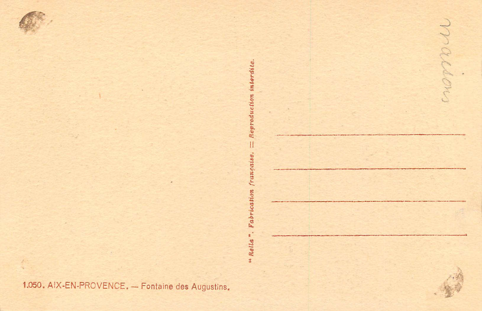 CPA Aix en Provence Fontaine des Augustins — Verso