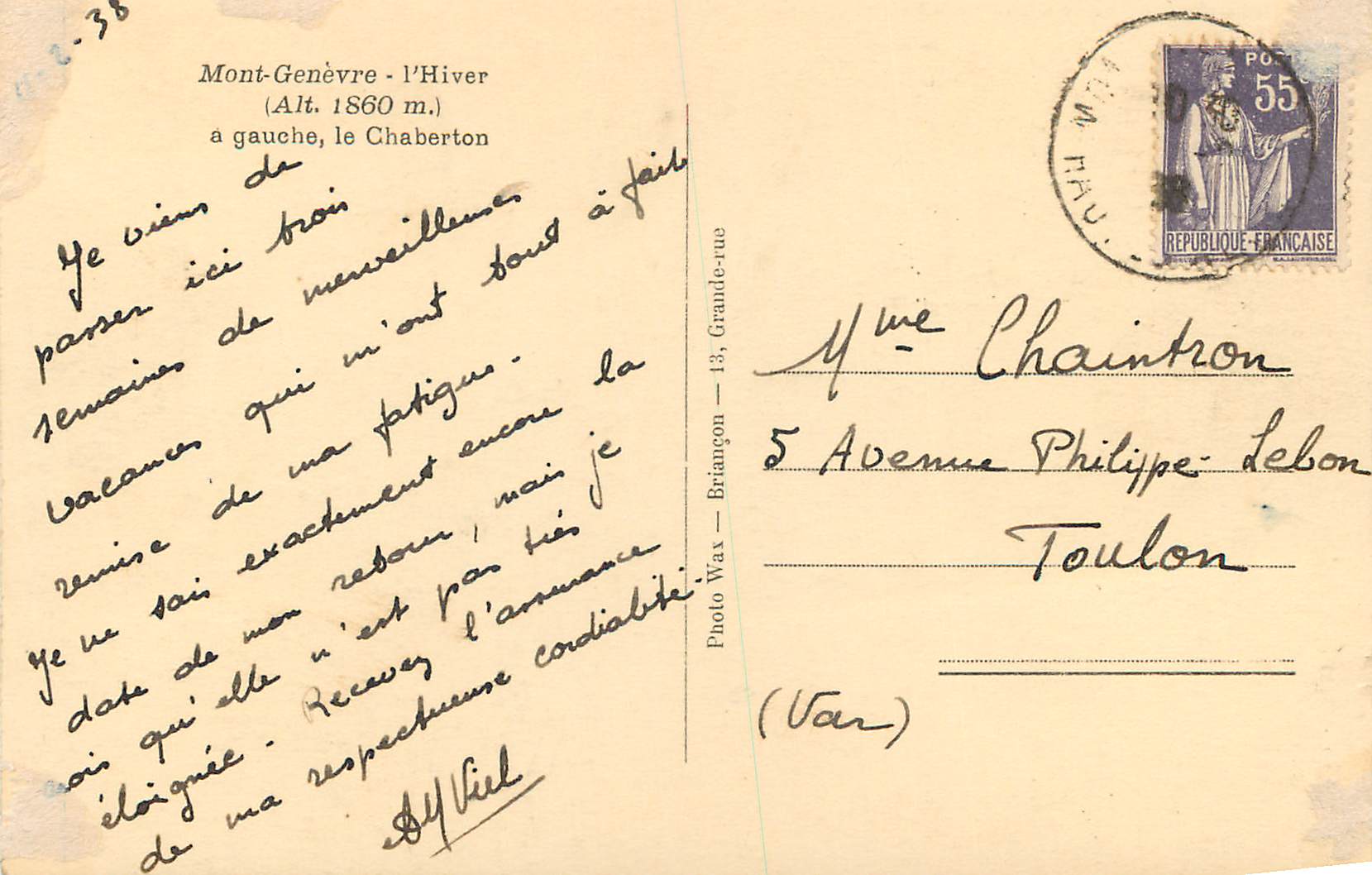 CPA Mont Genevre L'Hiver (Alt 1860 m) a Gauche Le Chaberton — Rückseite