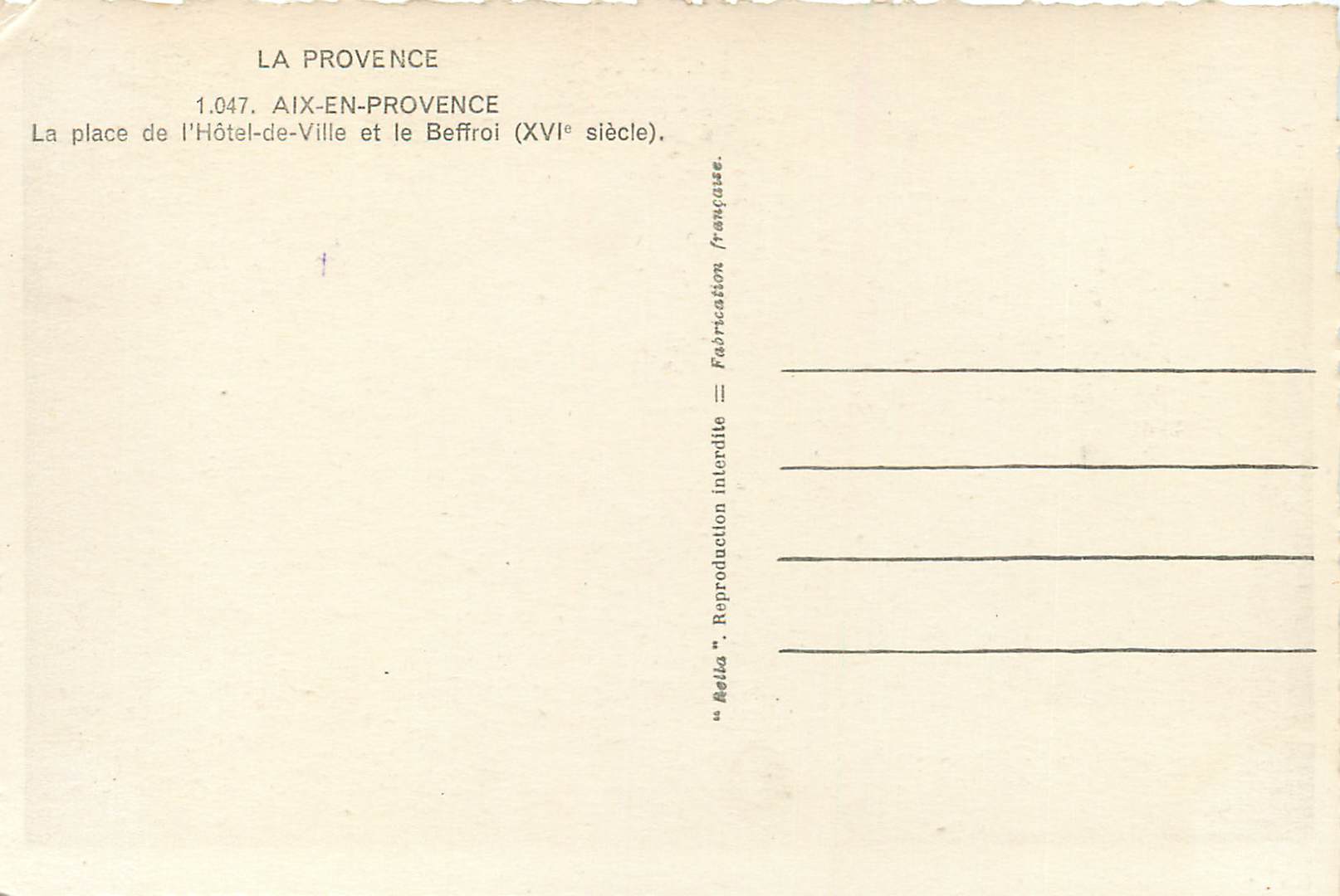 CPM La Provence Aix en Provence La Place de L'Hotel de Ville et le Beffroi (XVIe Siecle) — Verso