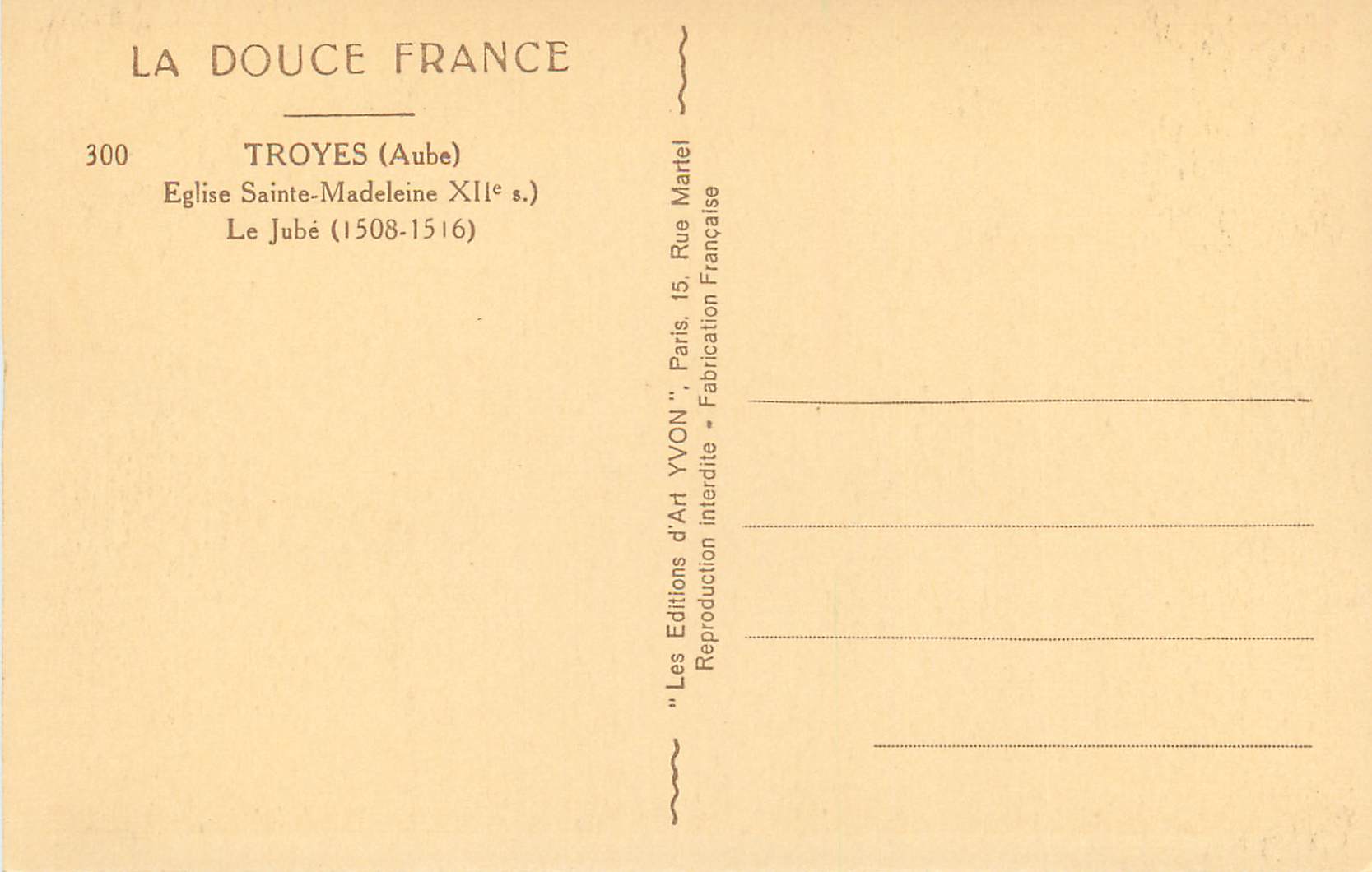 Intérieur de l'église Sainte-Madeleine à Troyes — vue du jubé — éditeur Yvon, n°300 — Achterkant