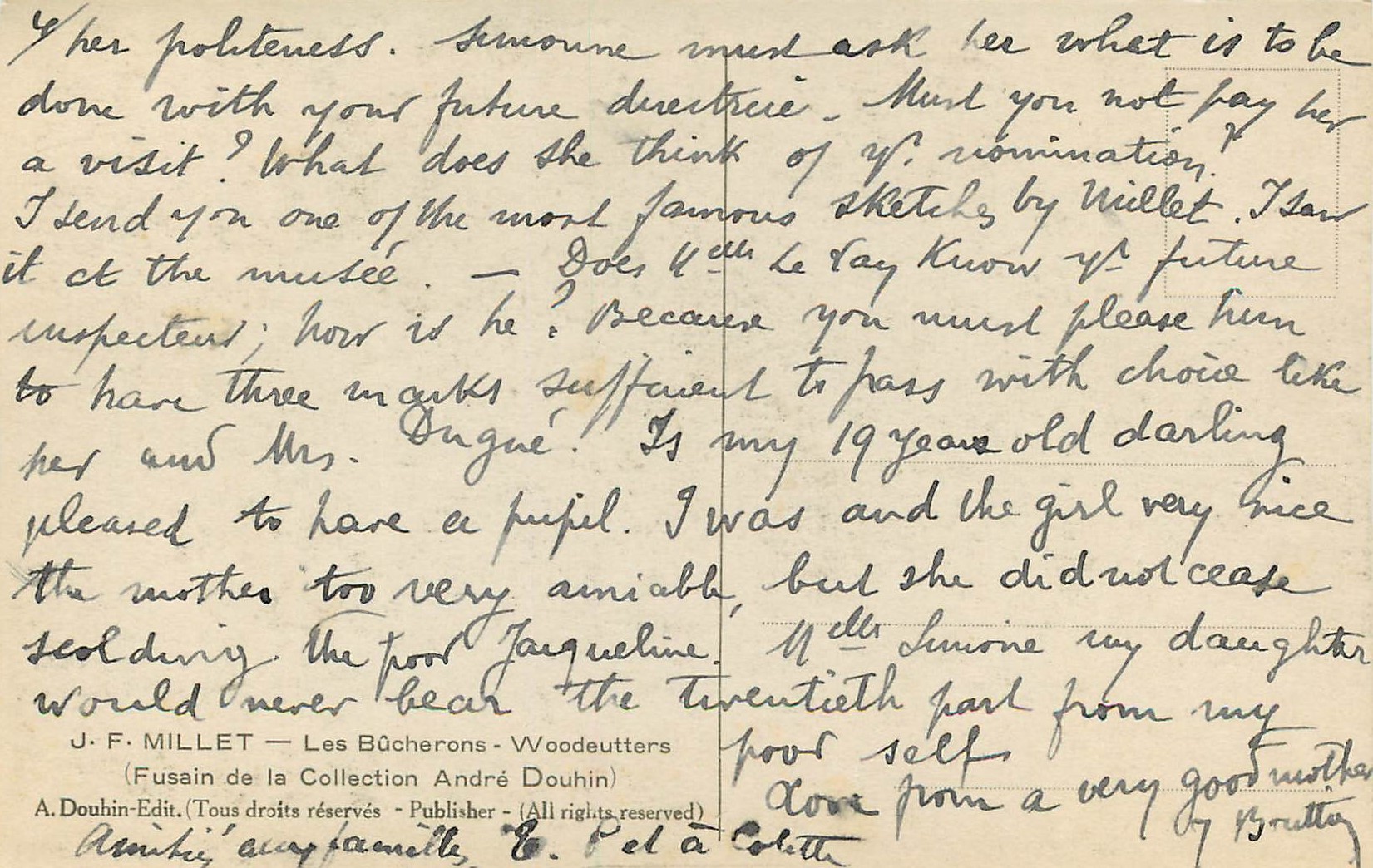 CPA J F Millet les Bucherons Woodeutters — Verso