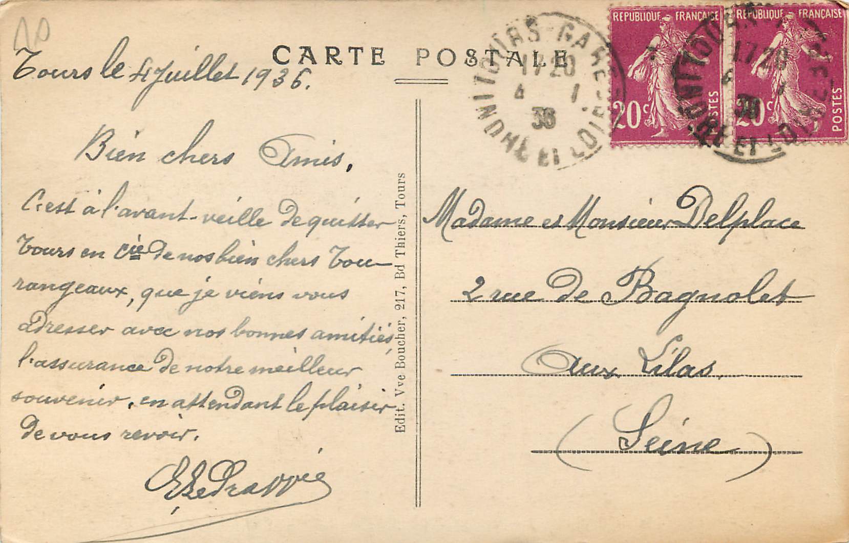 CPA Tours (l et L) Vue Generale prise du Coteau de Saint Cyr — Rückseite