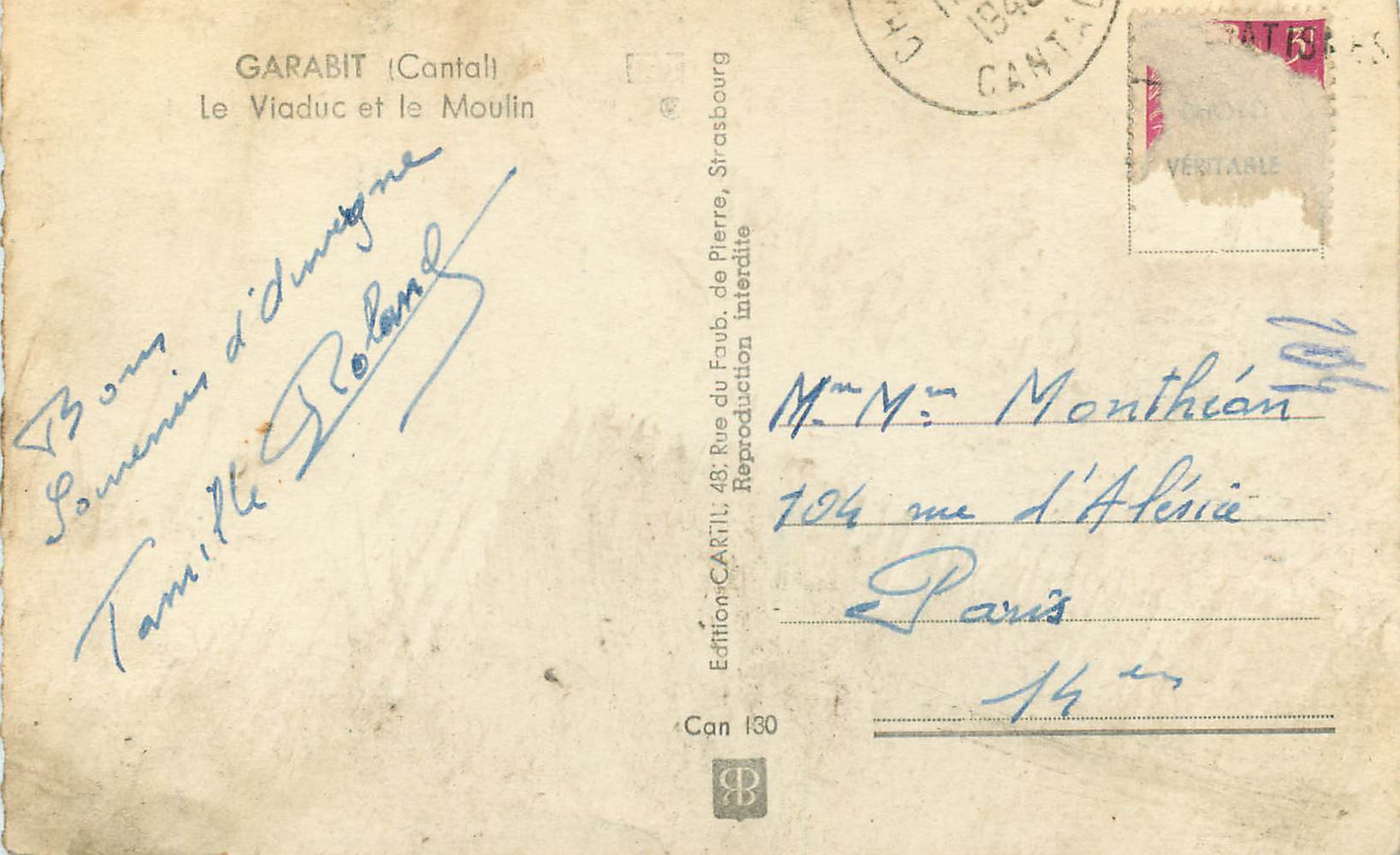CPA Garabit cantal le viaduc et le moulin — Rückseite