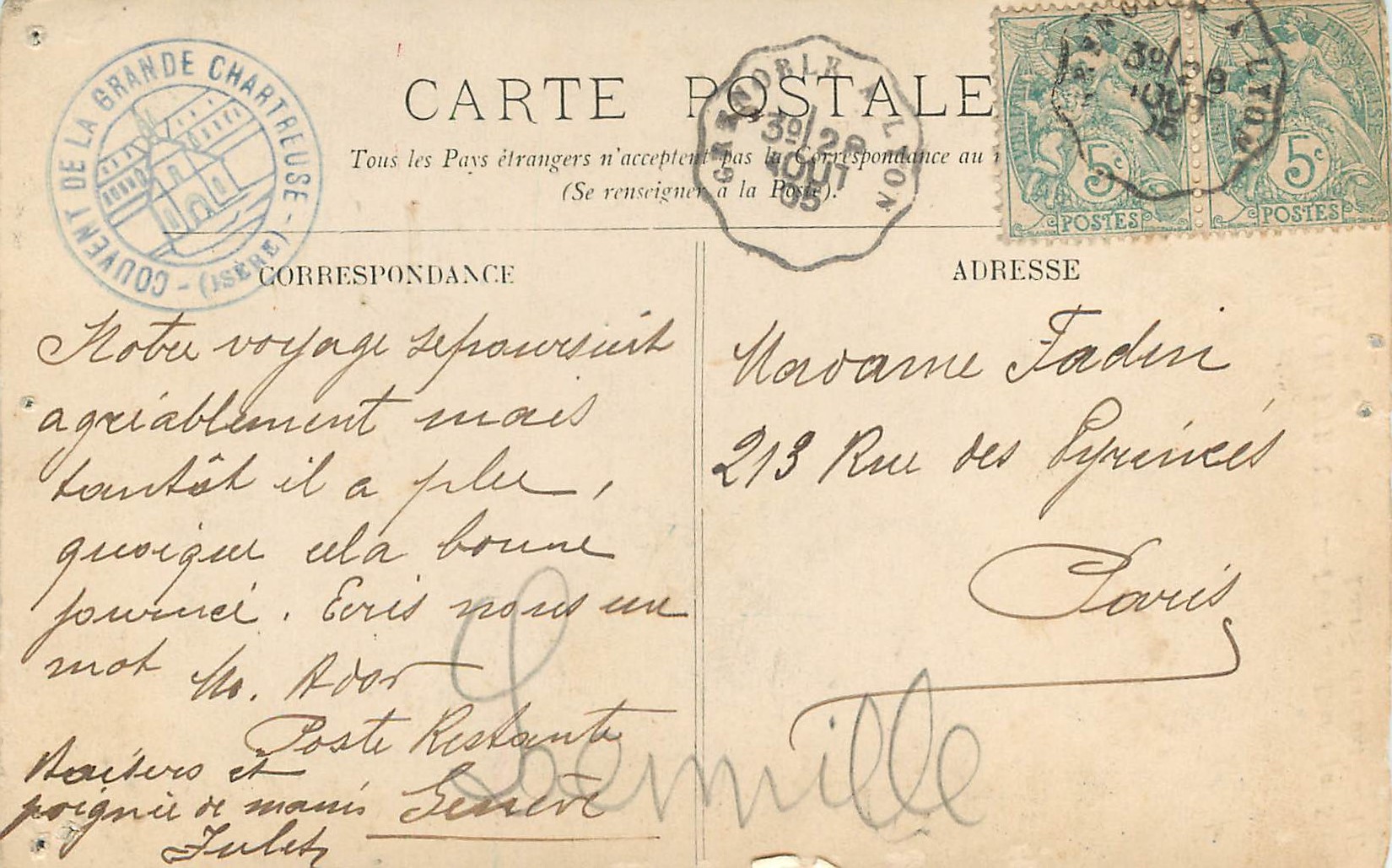 La Grande Chartreuse — Entrée du Désert par Saint-Laurent du Pont — LL, n°161 — Verso