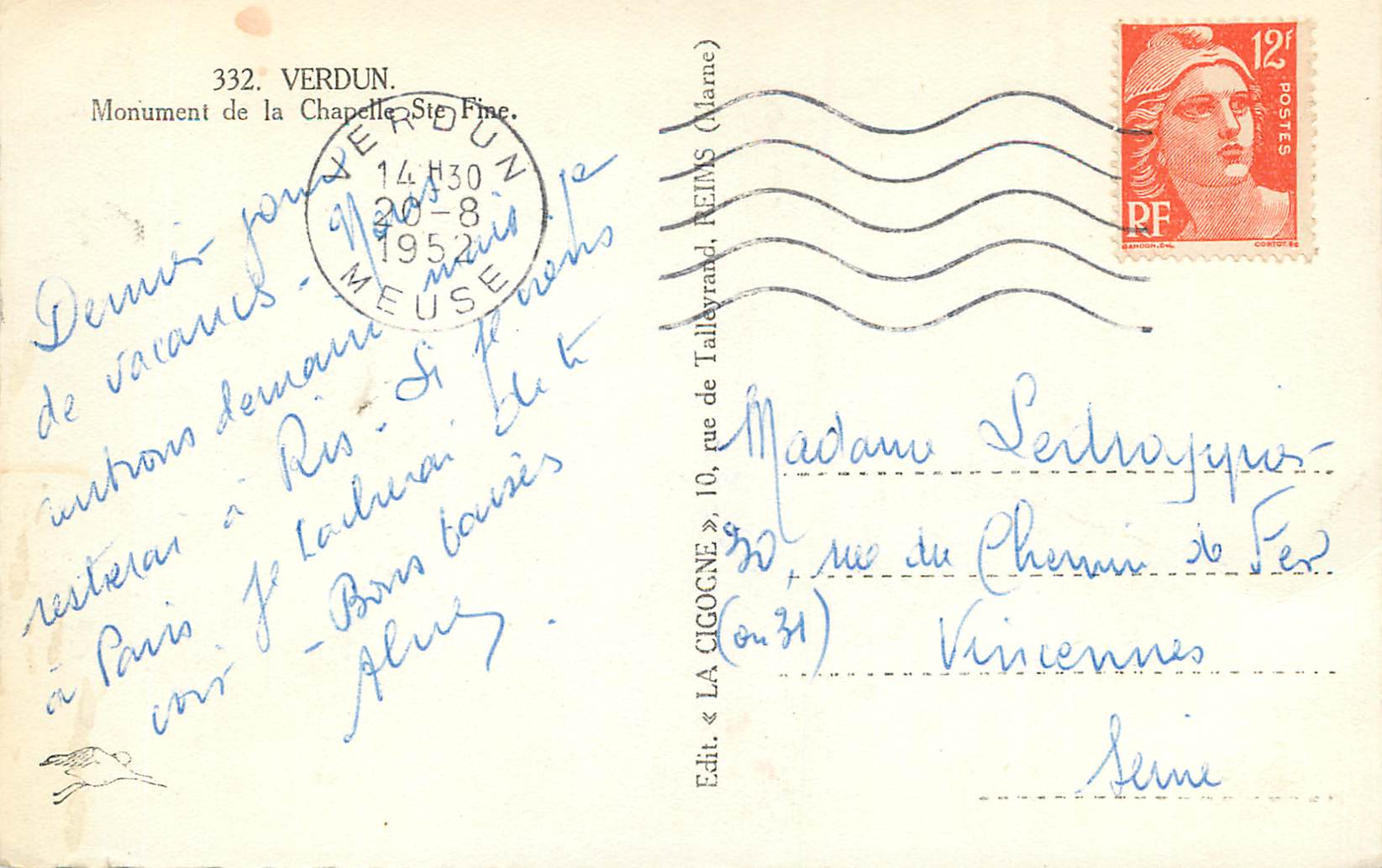Monument de la Chapelle-Ste-Fine — Verdun — Édit. « LA CIGOGNE » — Rückseite