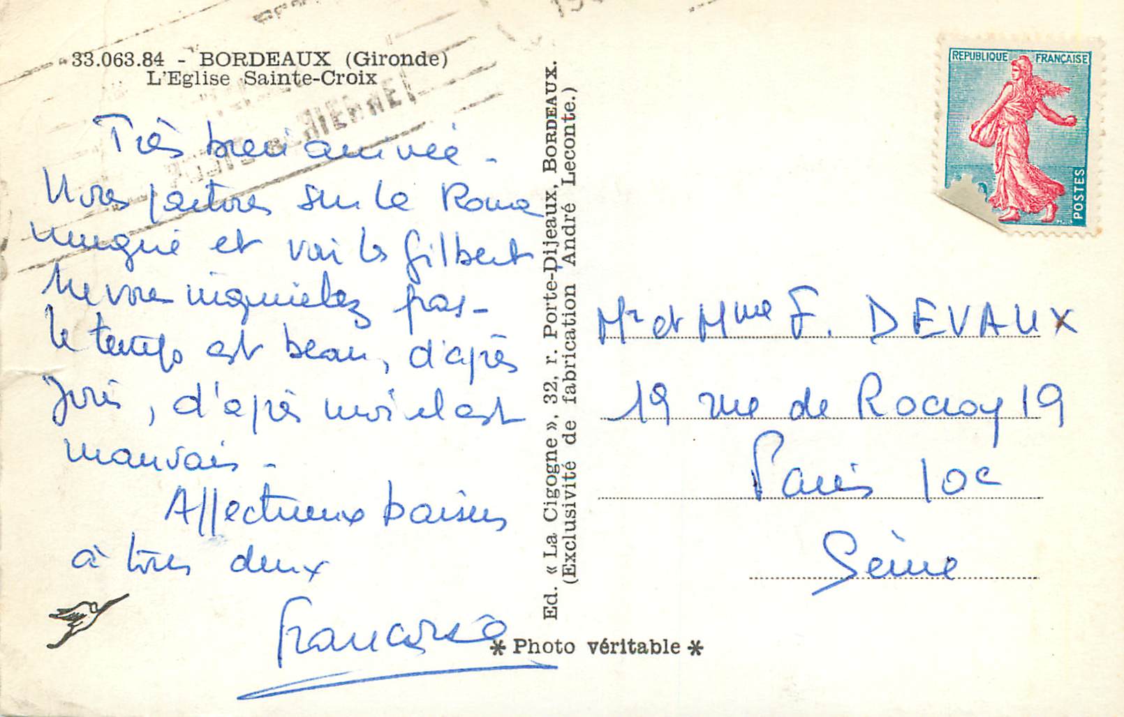 CPM 33 063 84 bordeaux (gironde) l eglise sainte croix — Verso