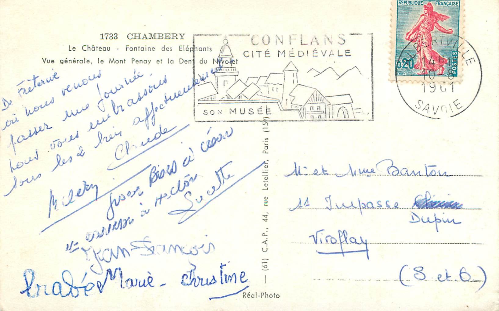 CPM 1733 chambery le chateau fontaine des elephants vue generale le mont penay et la desnt du nivolet — Rückseite