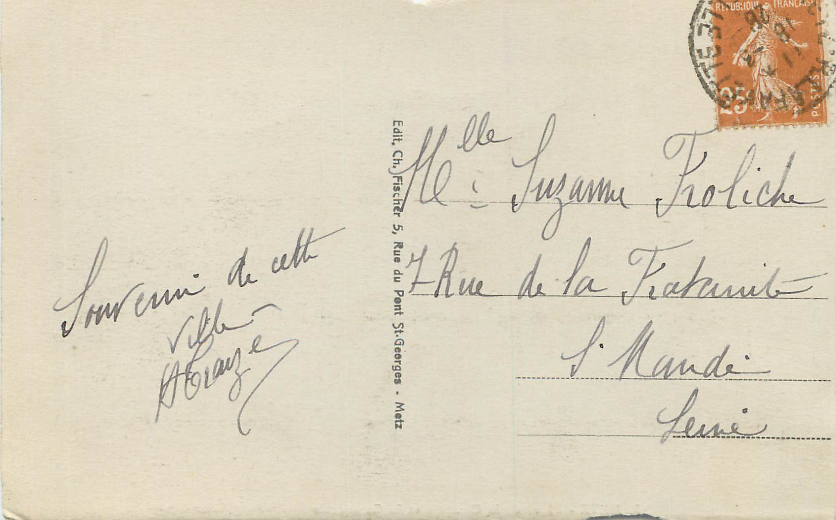 METZ - Place de la Comédie et la Cathédrale — Éditeur Ch. Fischer, n°43 — Verso