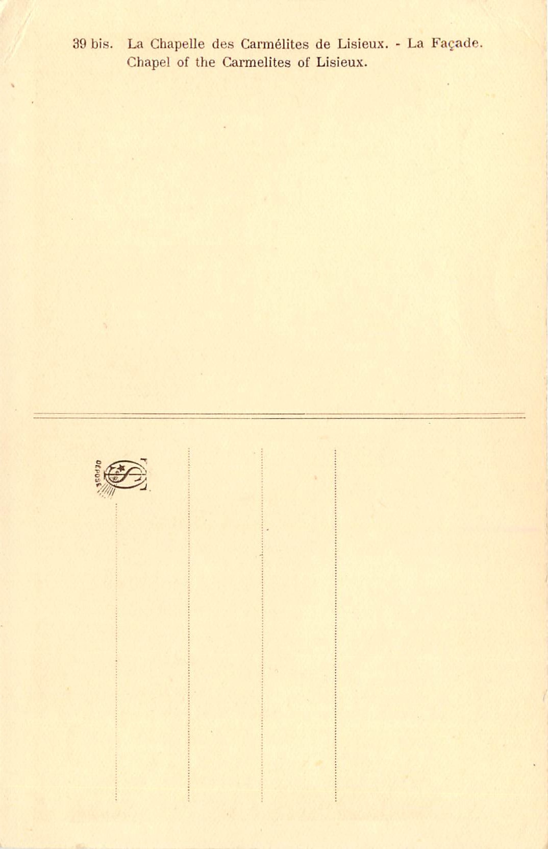 La Chapelle des Carmélites de Lisieux — Façade — série 39 bis, éditeur DEFRA — Verso