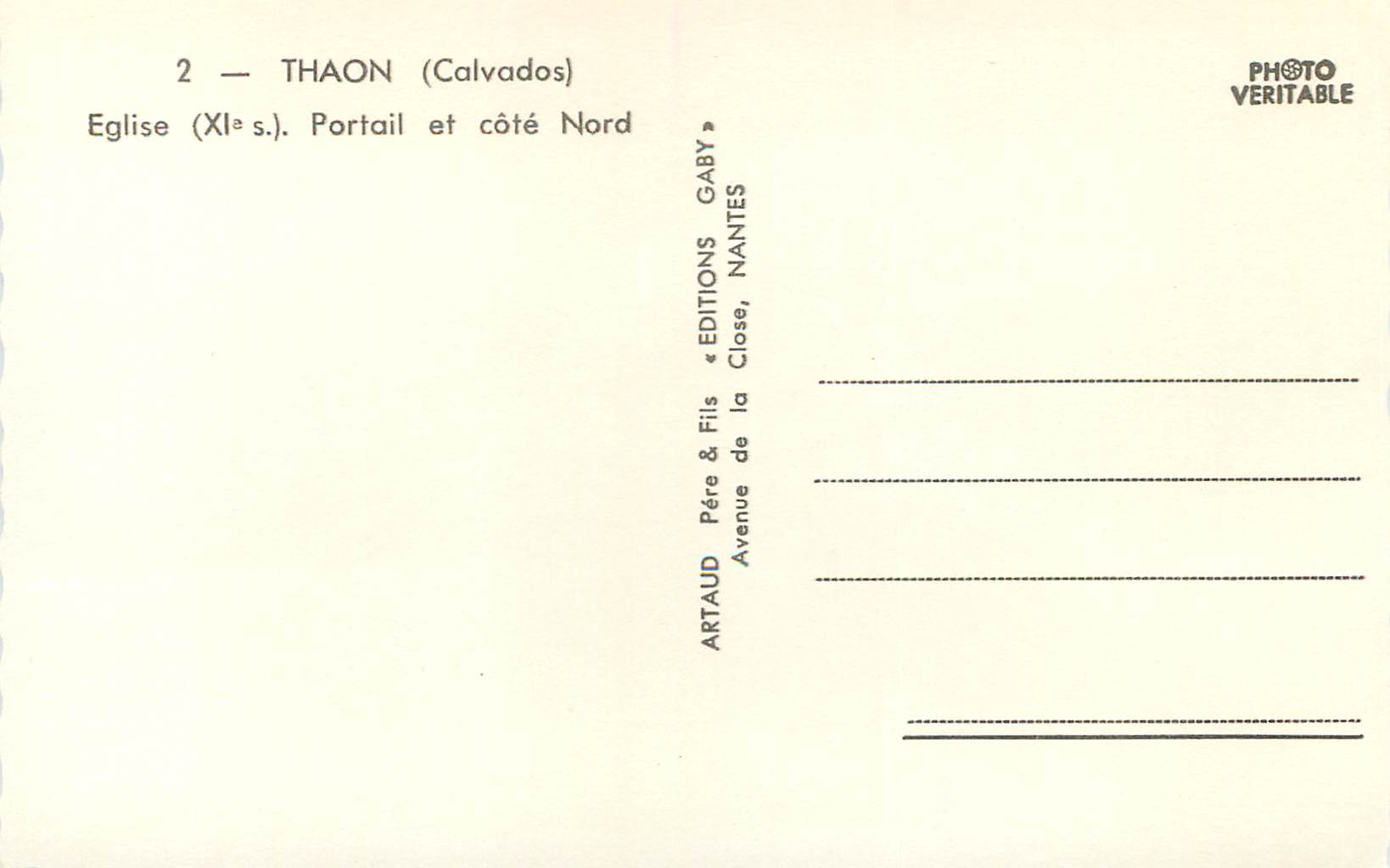 CPM 2 Thaon(calvados) eglise (xi s) portail et cote nord — Back