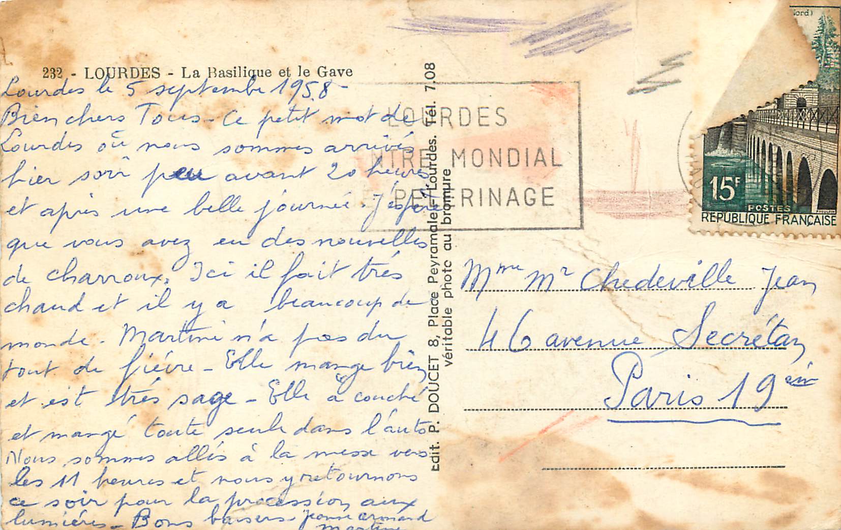 CPM 232 lourdes la basilique et le gave — Verso