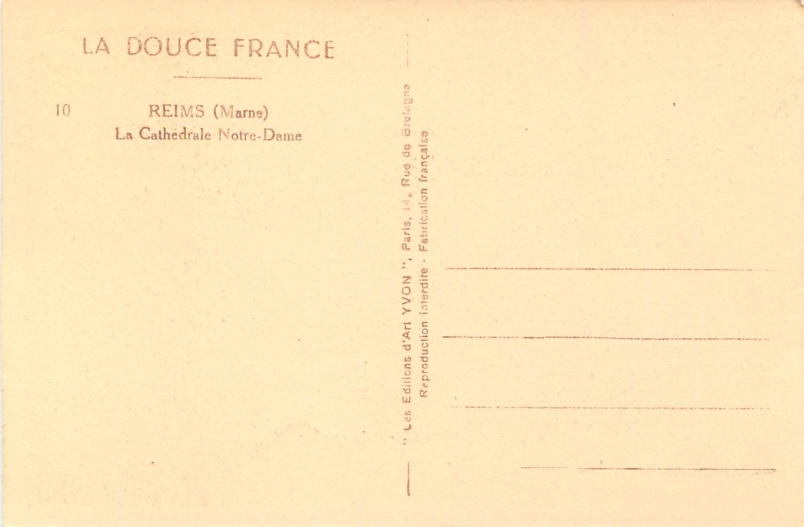 CPA La douce france reims(marne) la cathedrale notre dame — Verso