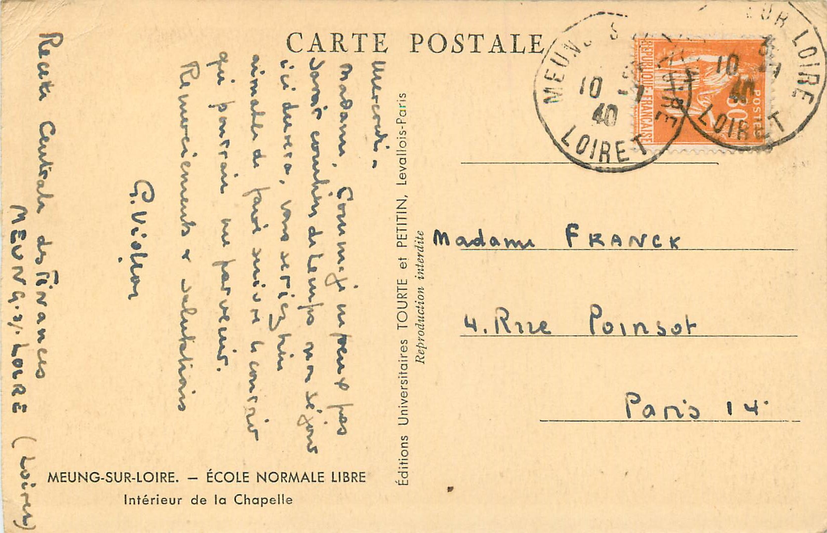CPA Meung sur loire ecole normale libre interieur de la chapelle — Back