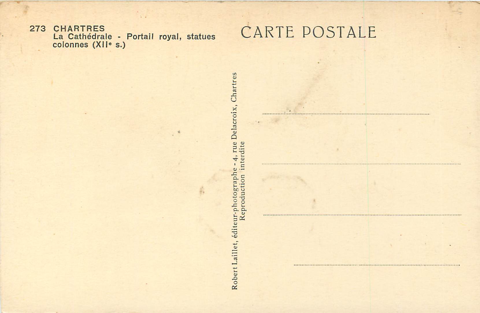Chartres - Portail royal, statues colonnes (XIIe s.) — éditeur Laillet, n° 273 — Reverso