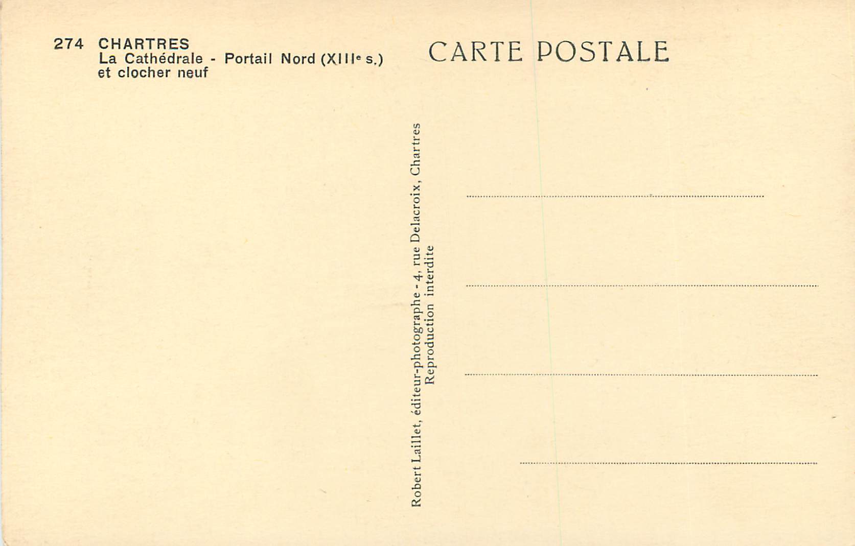 CPA 274 chartres la cathedrale portail nord(xiii s) et clocher neuf — Verso