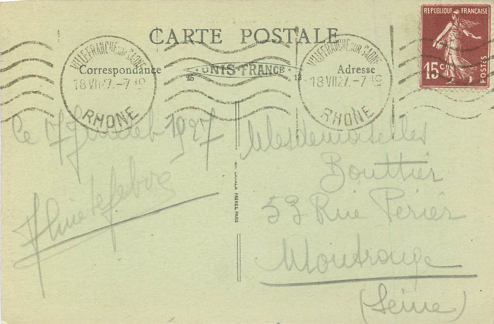 Villefranche (Rhône) — Façade de Notre-Dame-des-Marais — B. F. N°5 — Verso