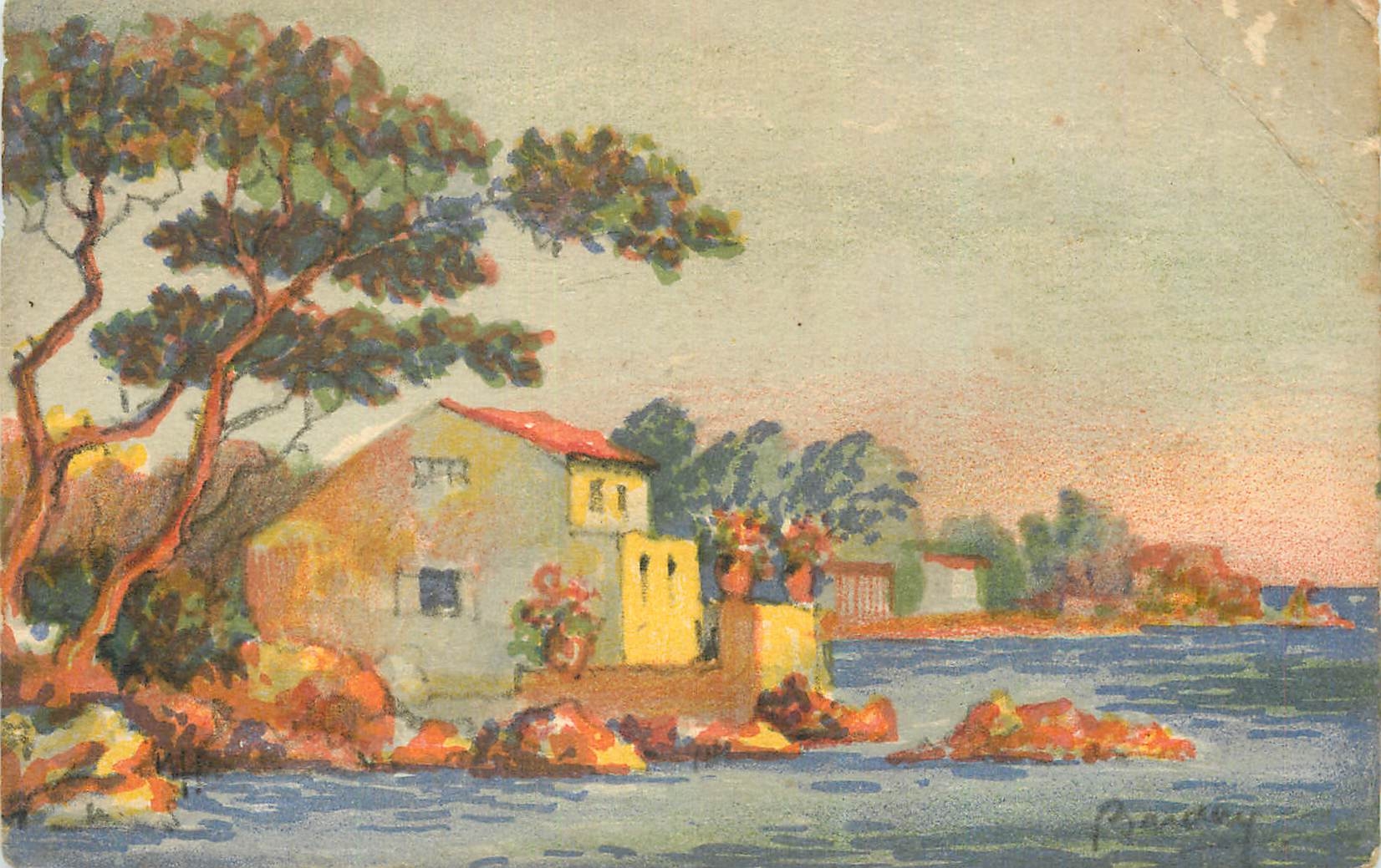 Küstenlandschaft — Haus auf Pfählen — signierte Gravur 'R. Randolphy'