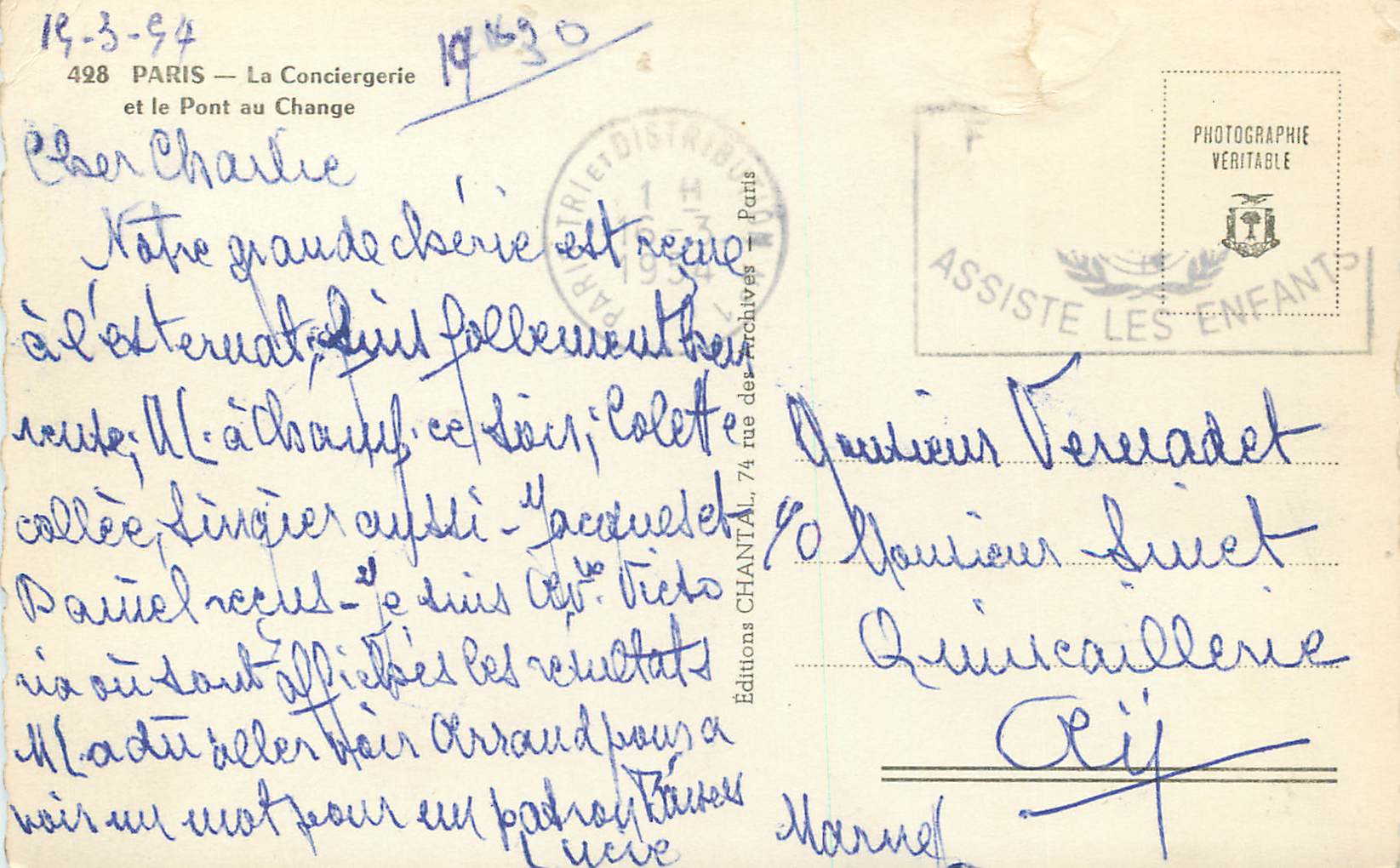 Paris — La Conciergerie et le Pont au Change — Chantal — Verso