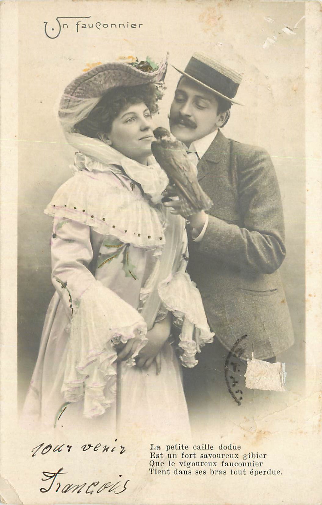 Un fauconnier — couple avec faucon — éditeur Un fauconnier
